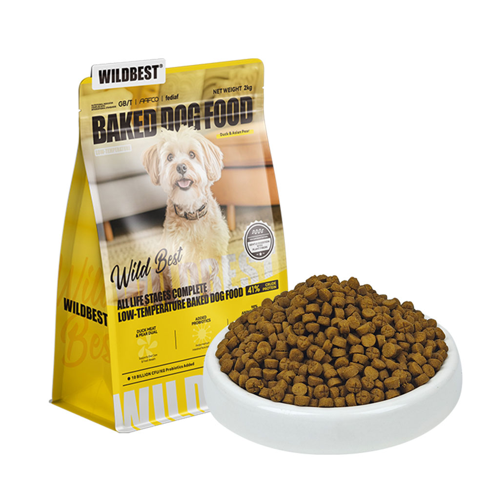 Wildbest duck and pear baked dog food bag with kibble bowl