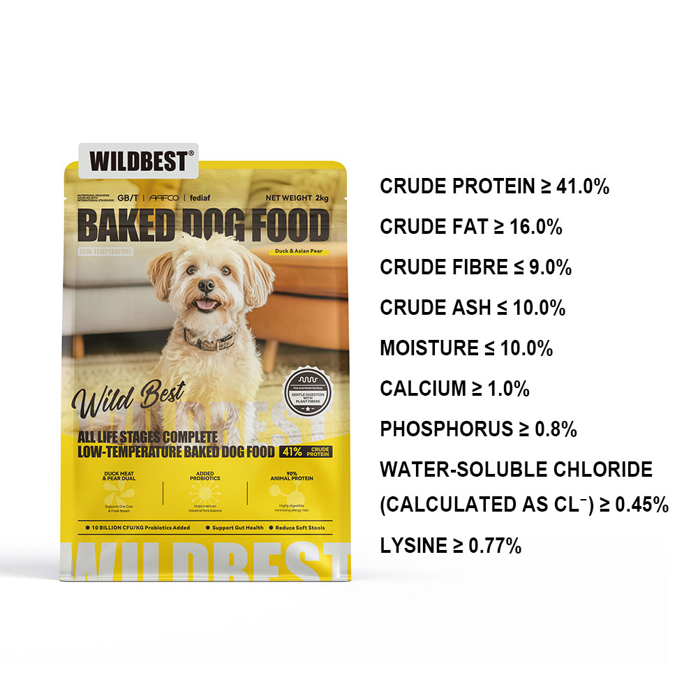 Wildbest duck and pear baked dog food bag, side view