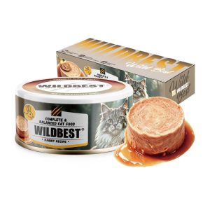 WILDBEST Rabbit Recipe canned cat food with packaging box and pate texture display