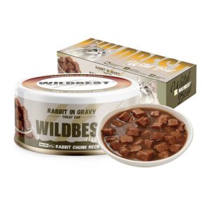 WILDBEST Rabbit in Gravy treat can with box and bowl display 85g