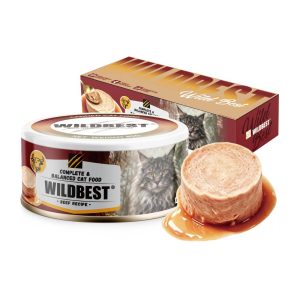 WILDBEST Beef Recipe canned cat food with packaging box and pate texture display 85g×6