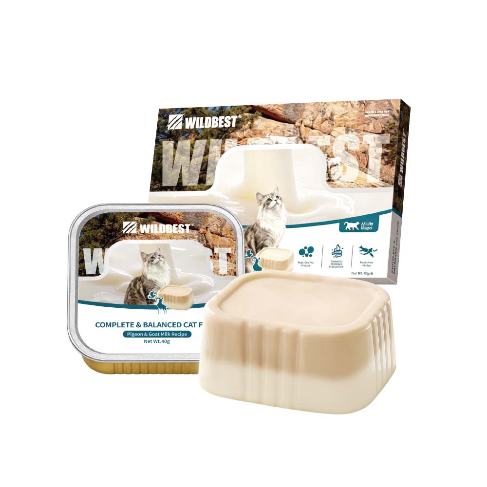 WILDBEST Pigeon & Goat Milk Recipe Complete Balanced Cat Food box with tray display 40g×6