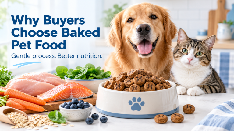 Low-temperature baked pet food for premium buyers